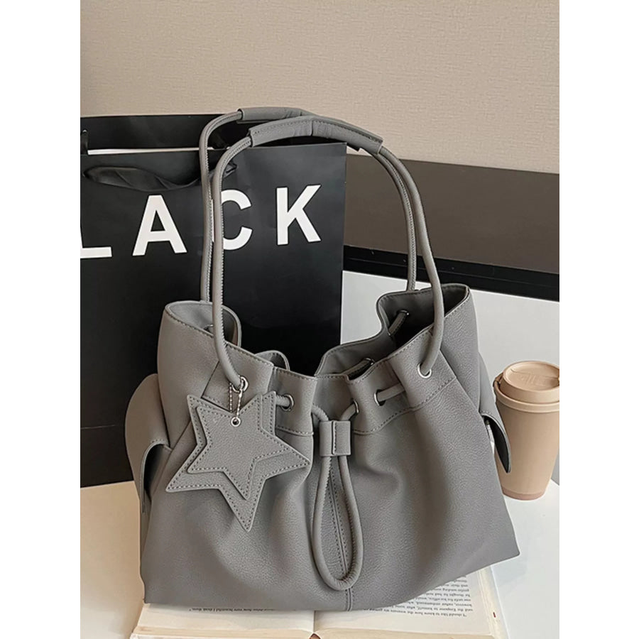 Drawstring Shoulder Bag with Star Charm Grey / One Size Apparel and Accessories