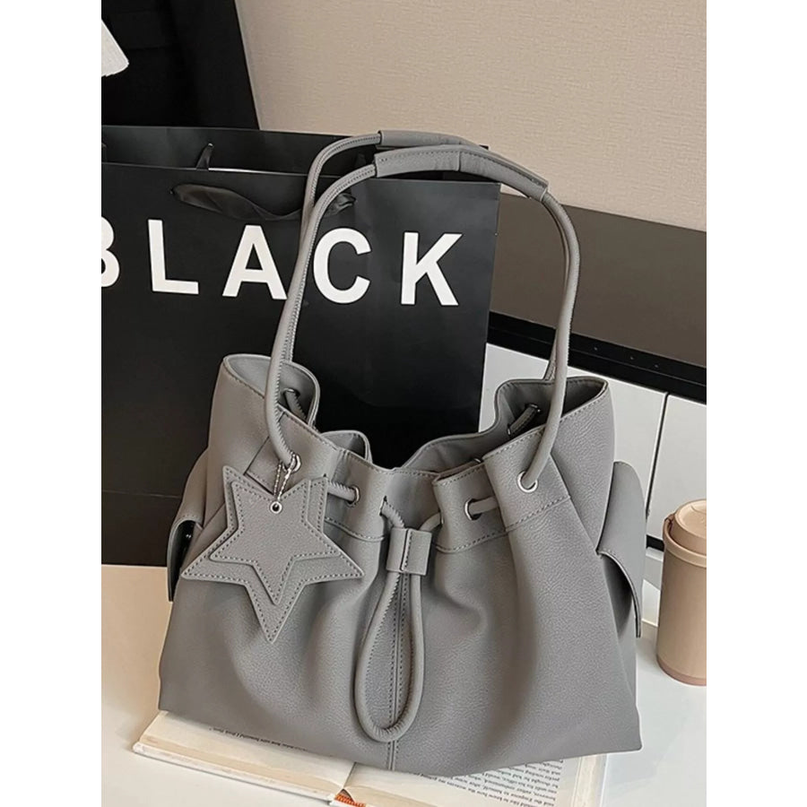 Drawstring Shoulder Bag with Star Charm Grey / One Size Apparel and Accessories