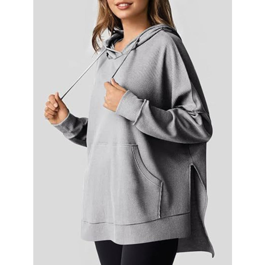 Drawstring Slit Long Sleeve Hoodie Apparel and Accessories