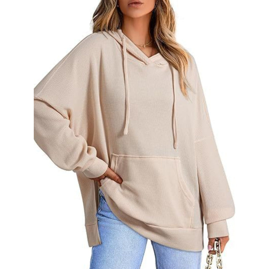 Drawstring Slit Long Sleeve Hoodie Apparel and Accessories