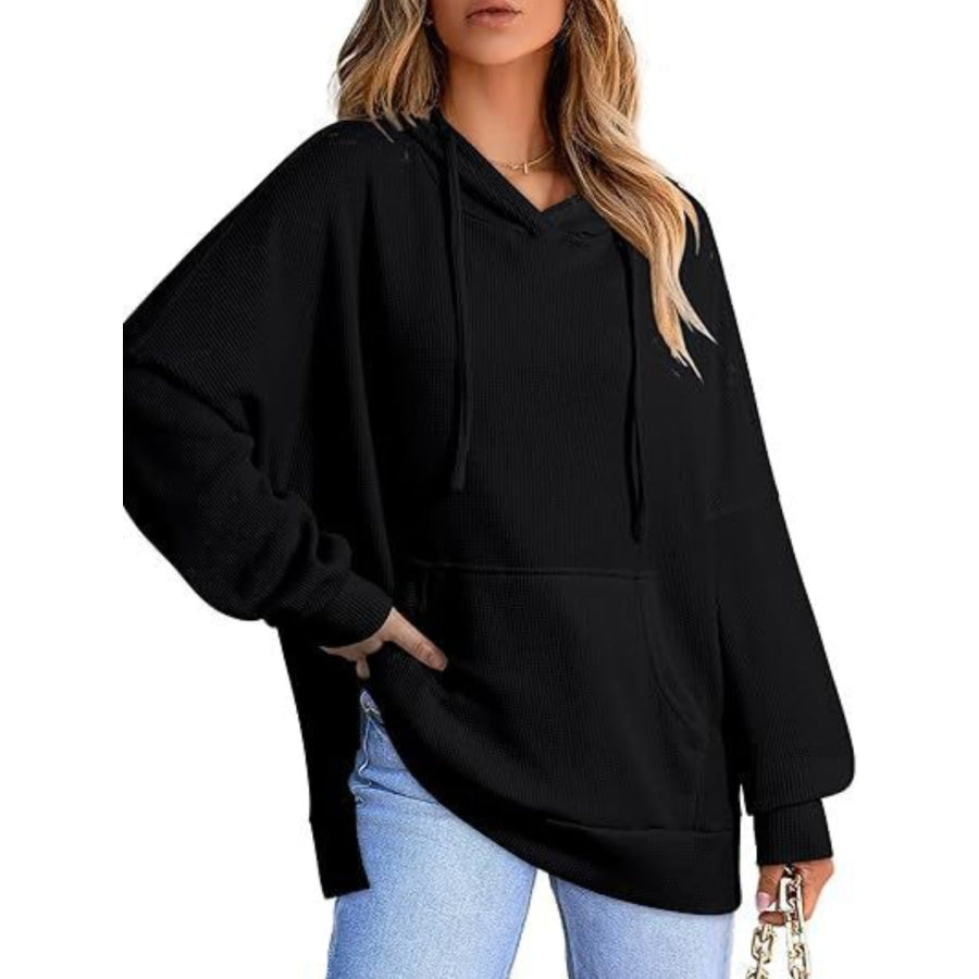 Drawstring Slit Long Sleeve Hoodie Black / S Apparel and Accessories