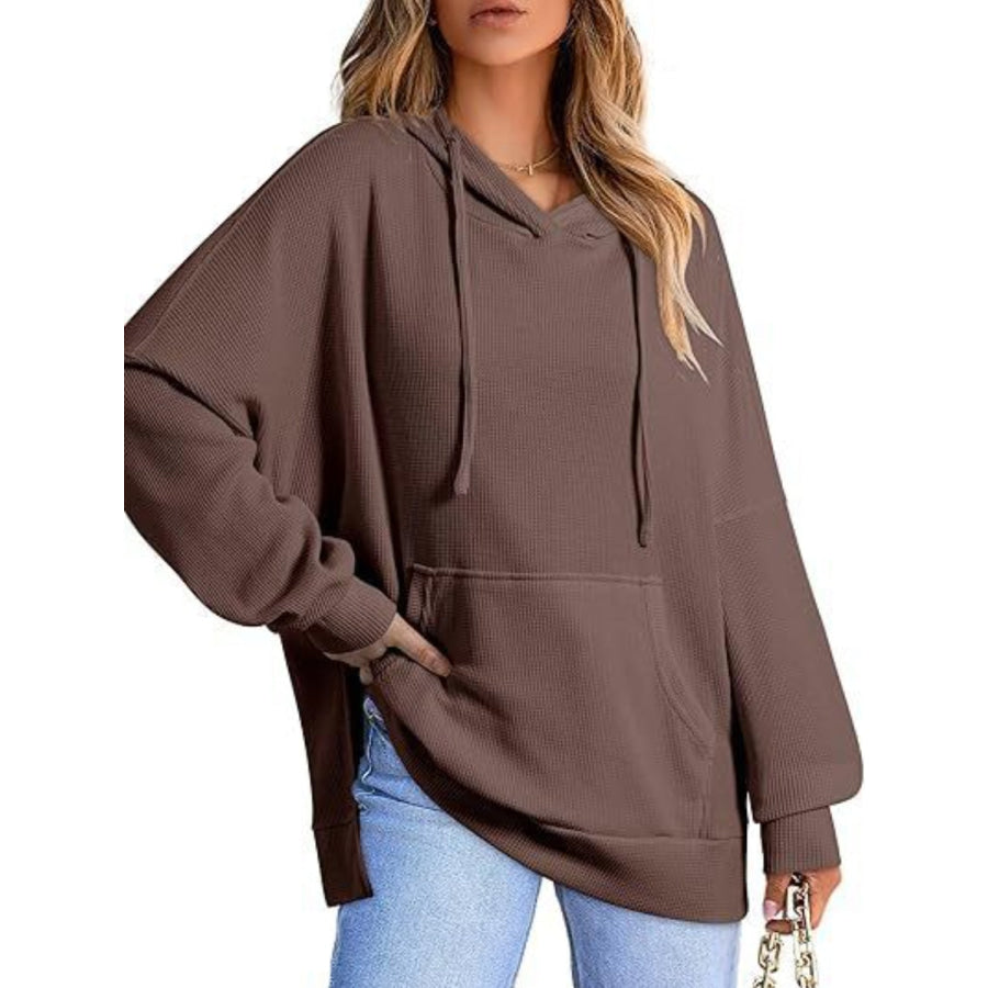 Drawstring Slit Long Sleeve Hoodie Chocolate / S Apparel and Accessories