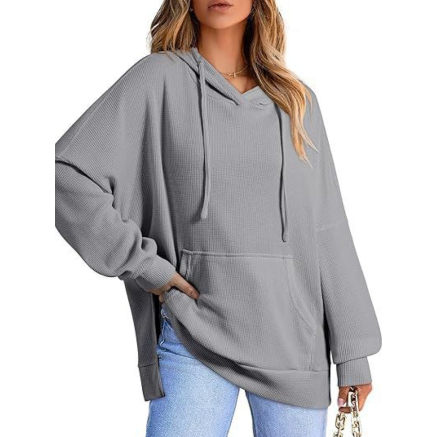 Drawstring Slit Long Sleeve Hoodie Gray / S Apparel and Accessories