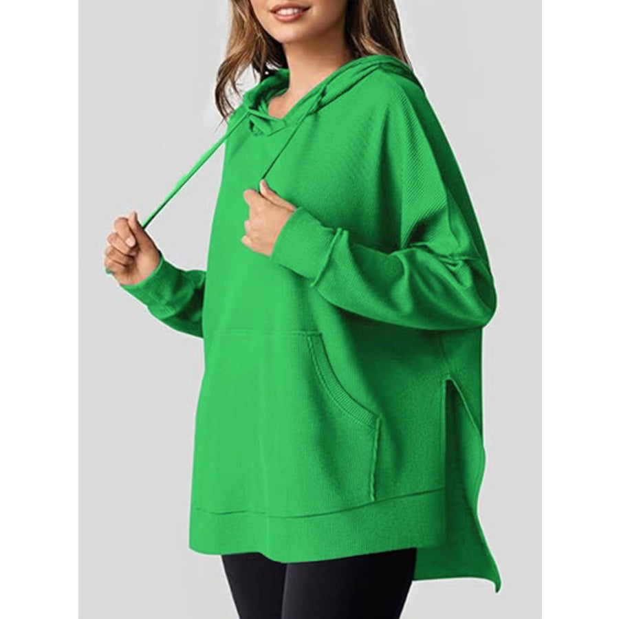 Drawstring Slit Long Sleeve Hoodie Green / S Apparel and Accessories