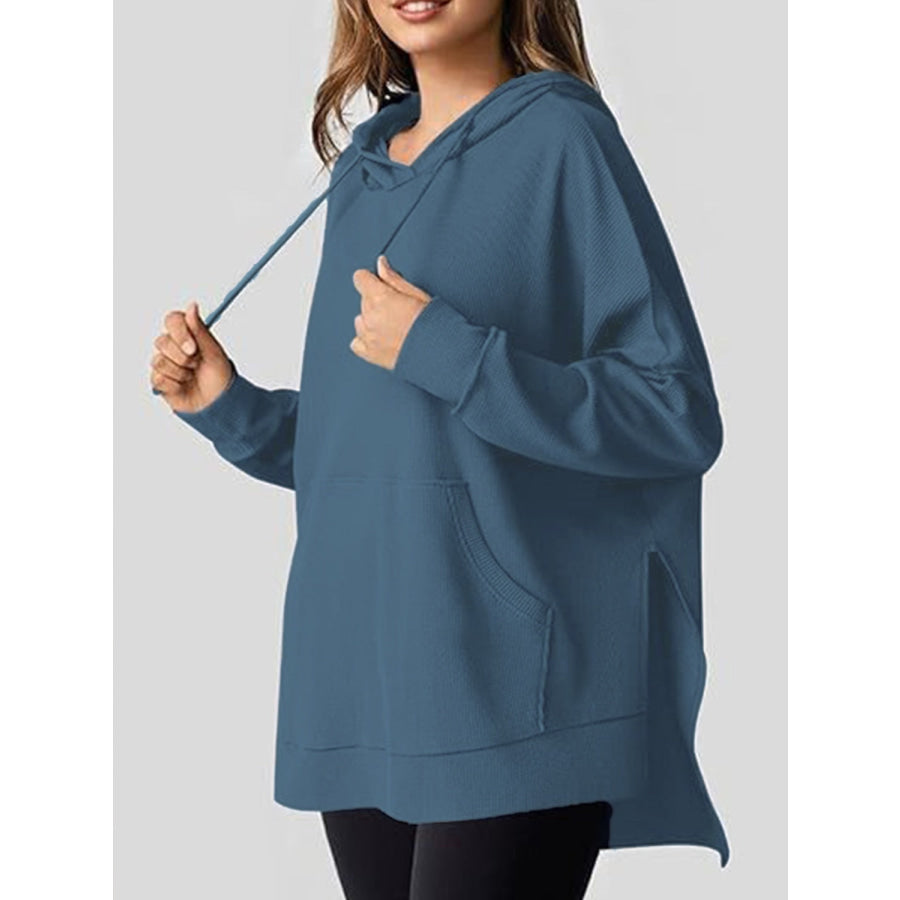 Drawstring Slit Long Sleeve Hoodie Navy / S Apparel and Accessories