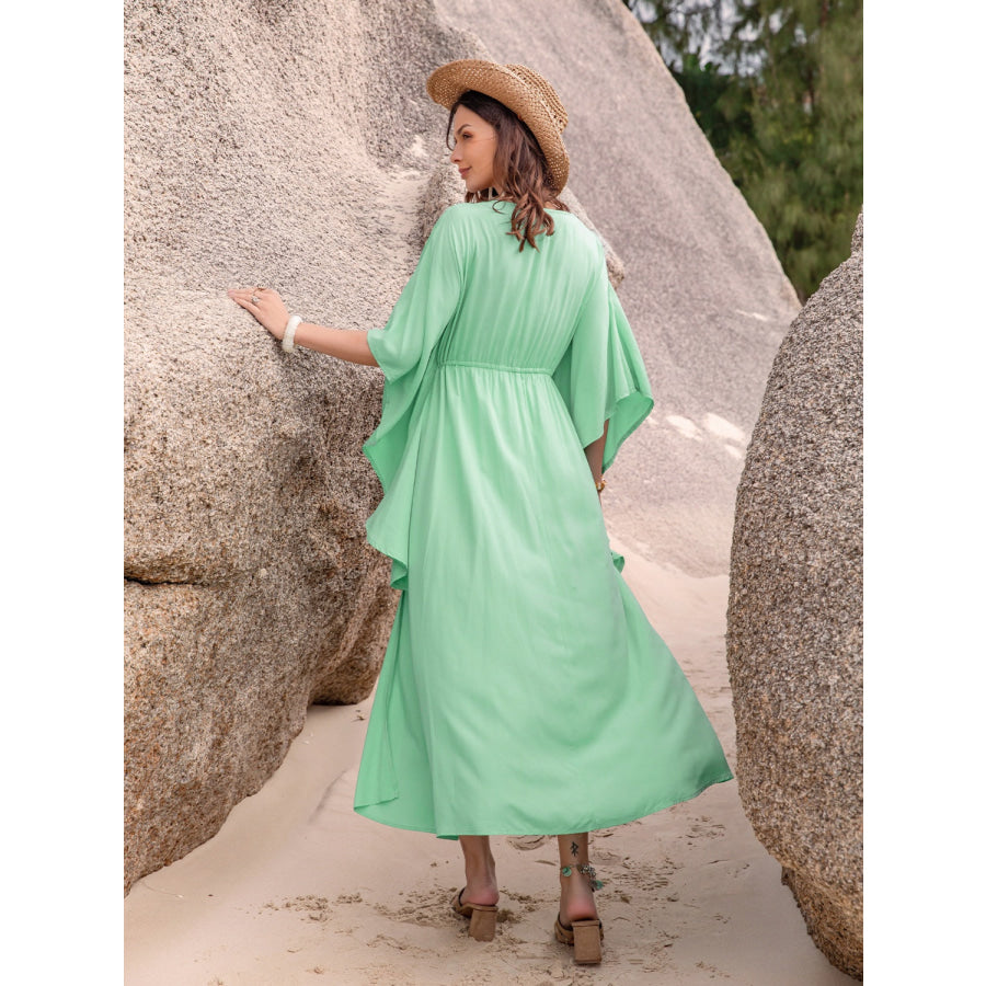 Drawstring Slit V-Neck Midi Dress Light Green / S Apparel and Accessories