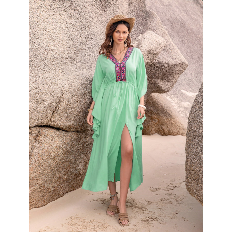 Drawstring Slit V-Neck Midi Dress Light Green / S Apparel and Accessories