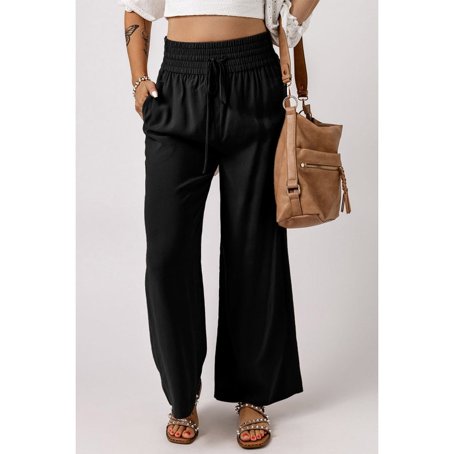 Drawstring Smocked Waist Wide Leg Pants Black / S