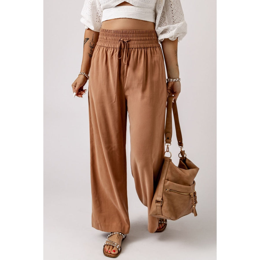 Drawstring Smocked Waist Wide Leg Pants Brown / S