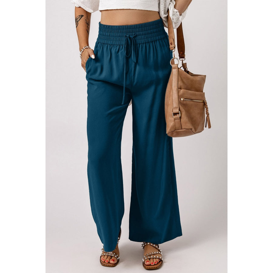 Drawstring Smocked Waist Wide Leg Pants Deep Teal / S