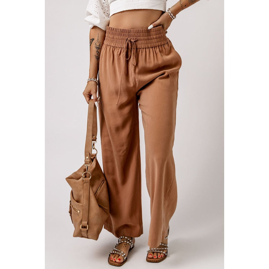 Drawstring Smocked Waist Wide Leg Pants