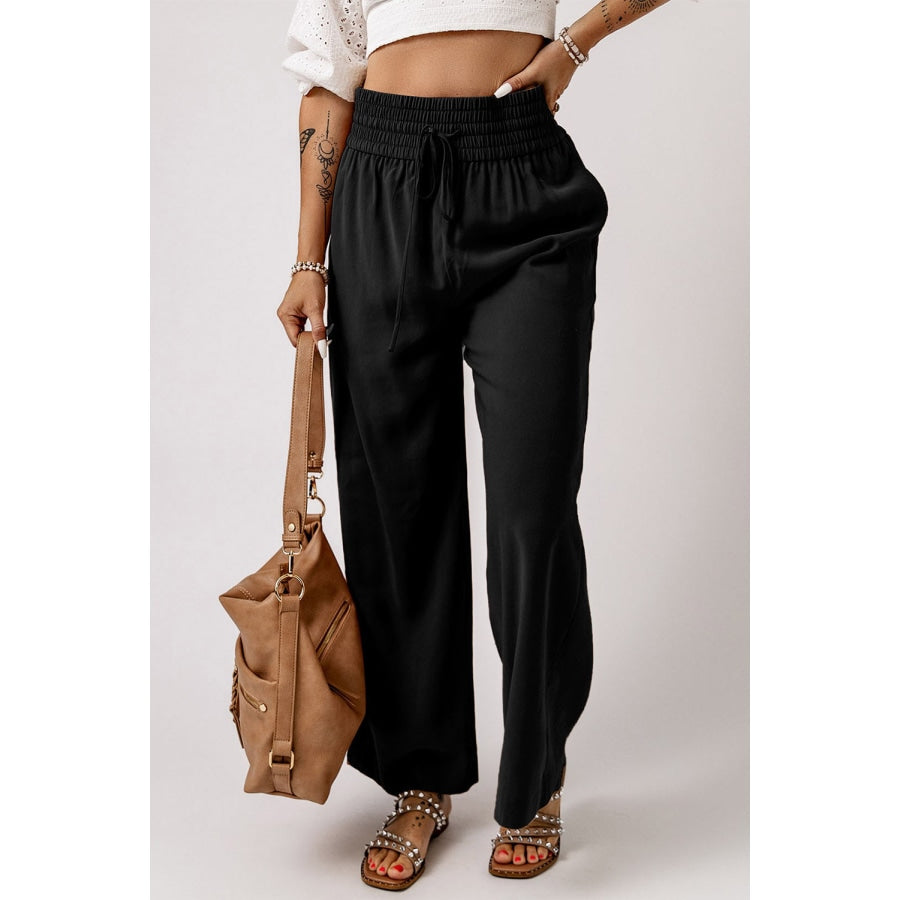 Drawstring Smocked Waist Wide Leg Pants