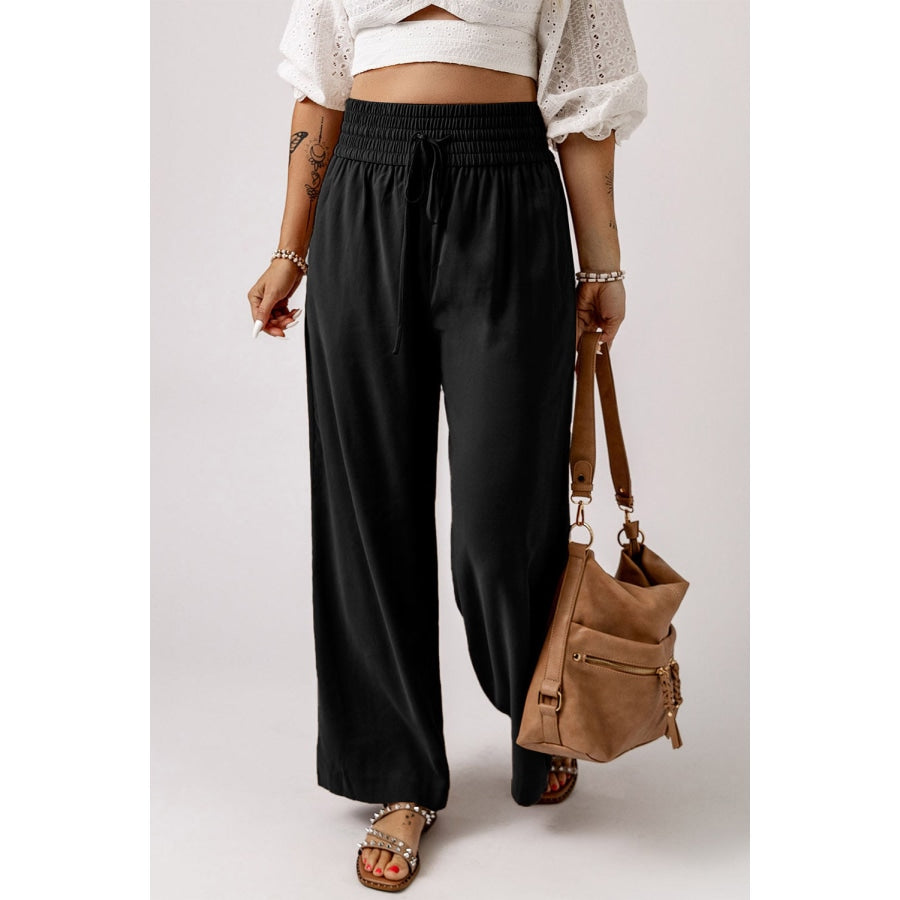 Drawstring Smocked Waist Wide Leg Pants