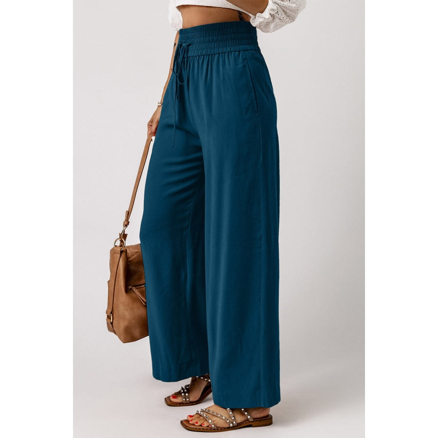 Drawstring Smocked Waist Wide Leg Pants