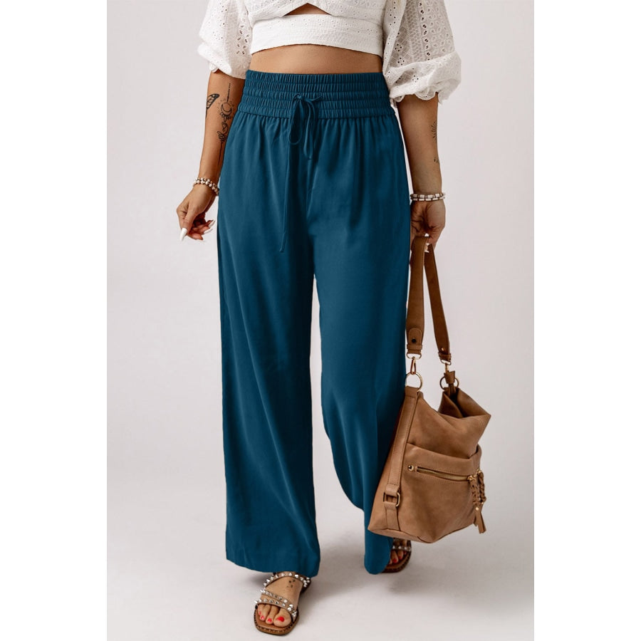 Drawstring Smocked Waist Wide Leg Pants