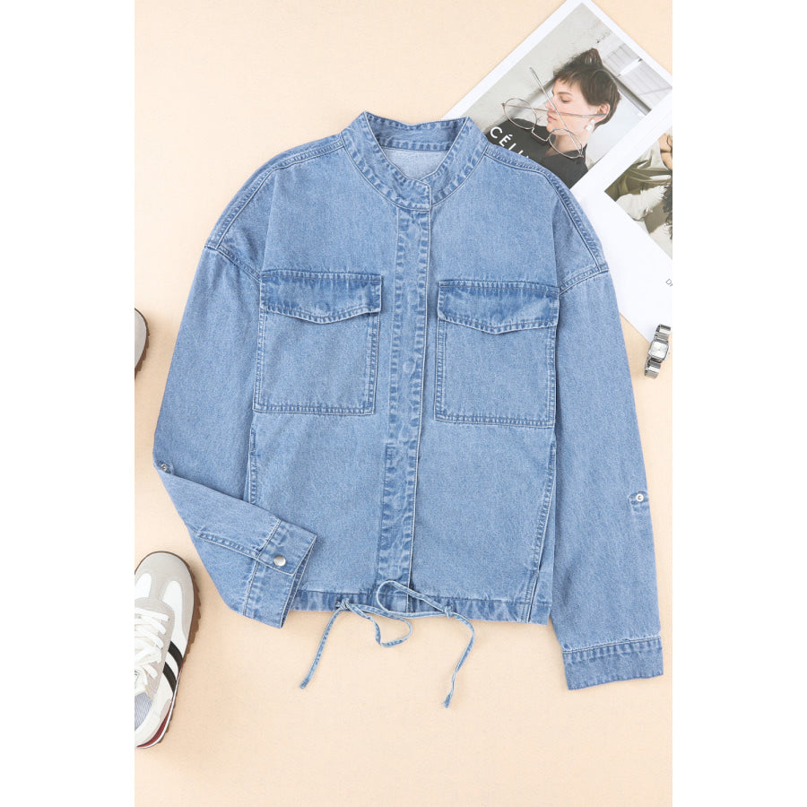 Drawstring Snap Down Denim Jacket with Chest Pockets Apparel and Accessories