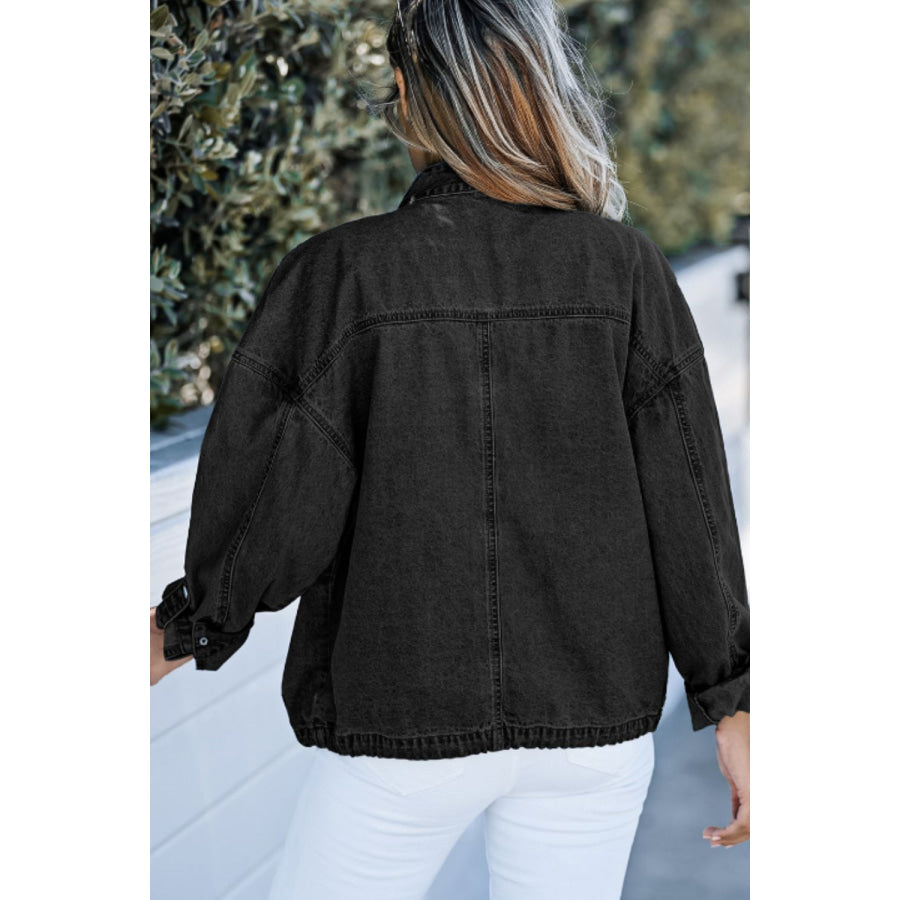 Drawstring Snap Down Denim Jacket with Chest Pockets Apparel and Accessories