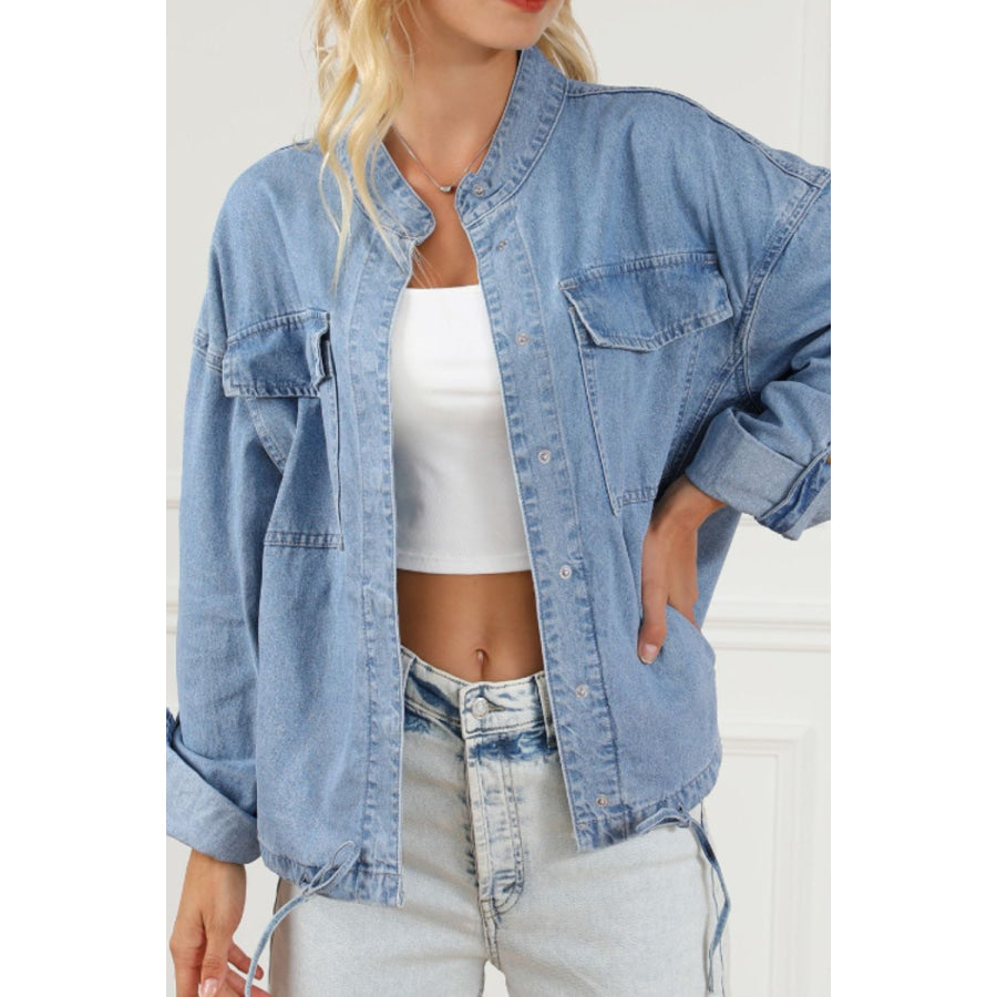 Drawstring Snap Down Denim Jacket with Chest Pockets Apparel and Accessories