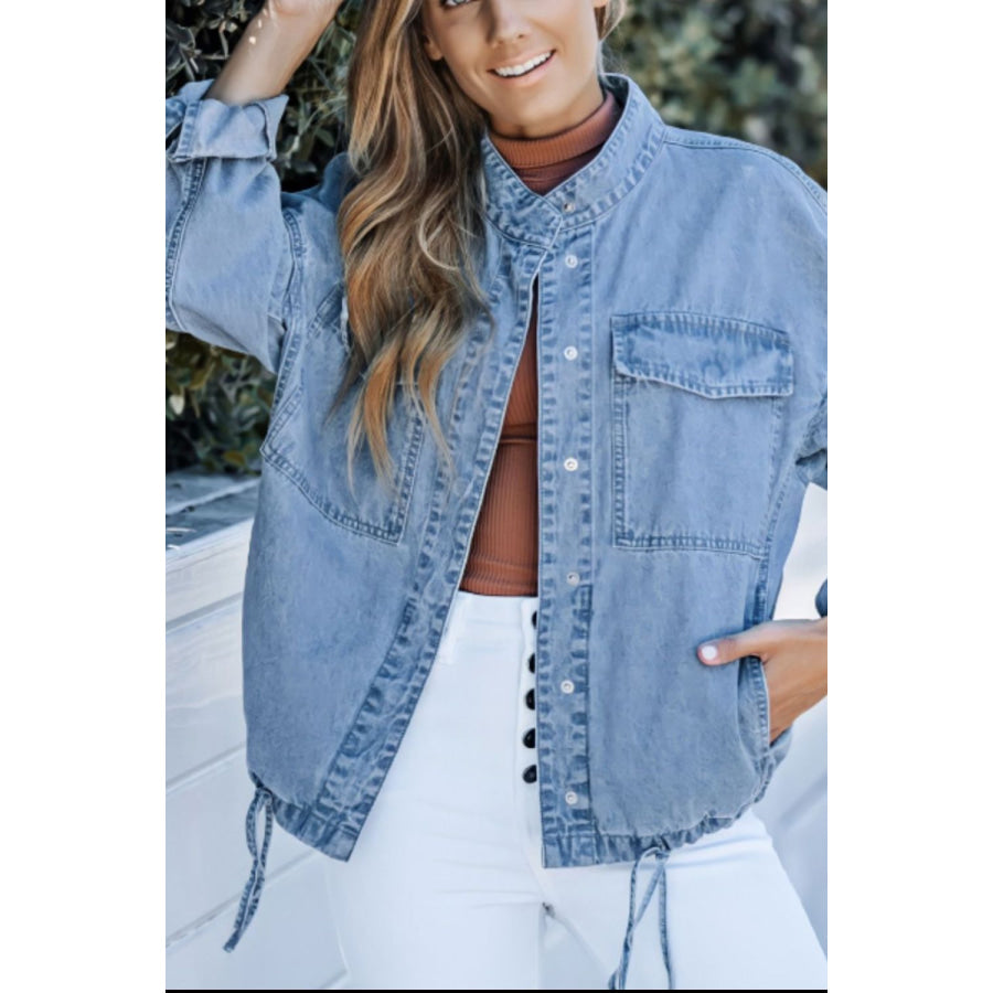 Drawstring Snap Down Denim Jacket with Chest Pockets Apparel and Accessories