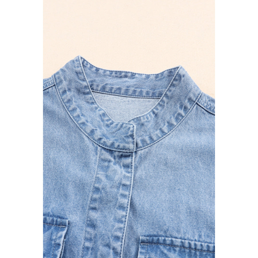 Drawstring Snap Down Denim Jacket with Chest Pockets Apparel and Accessories