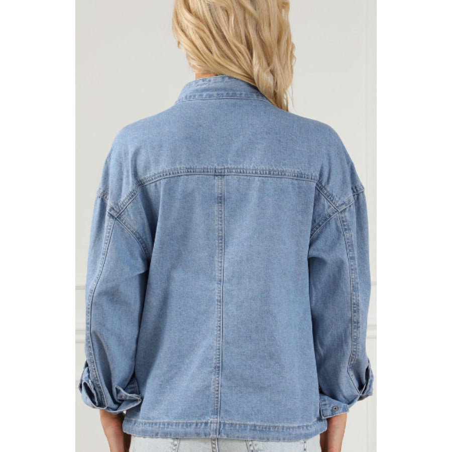 Drawstring Snap Down Denim Jacket with Chest Pockets Apparel and Accessories