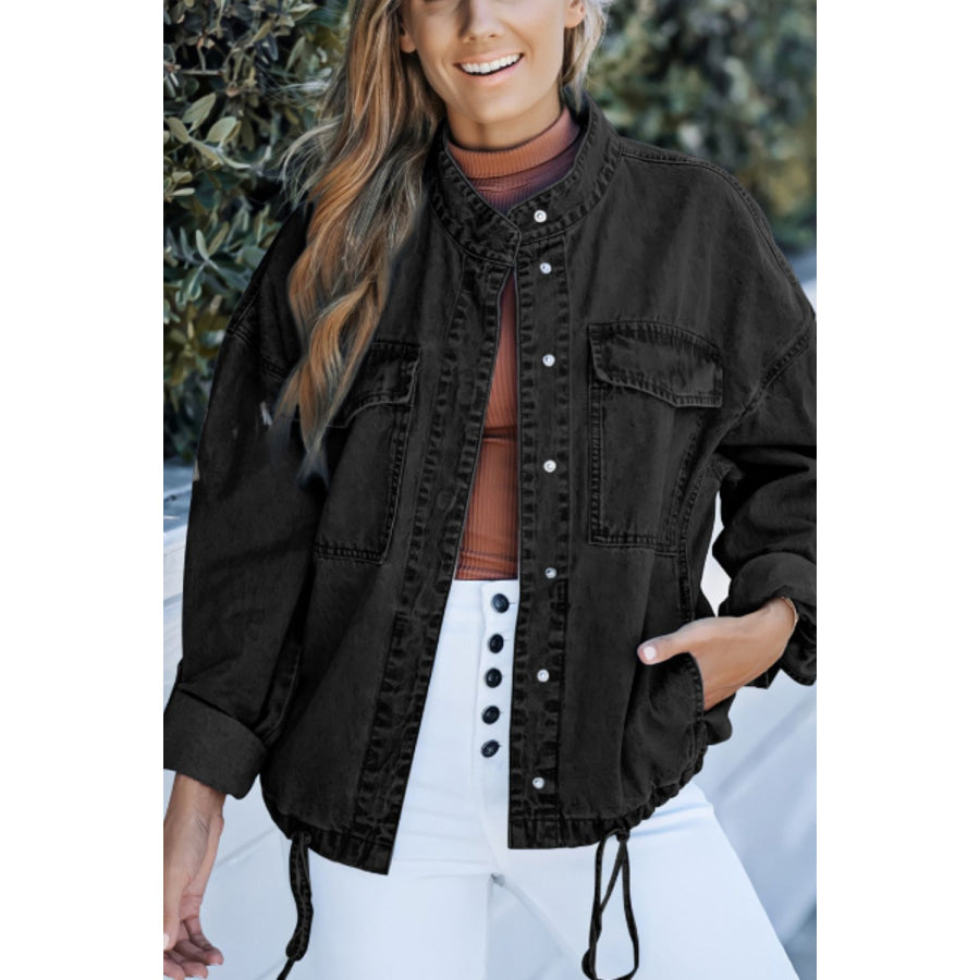 Drawstring Snap Down Denim Jacket with Chest Pockets Apparel and Accessories