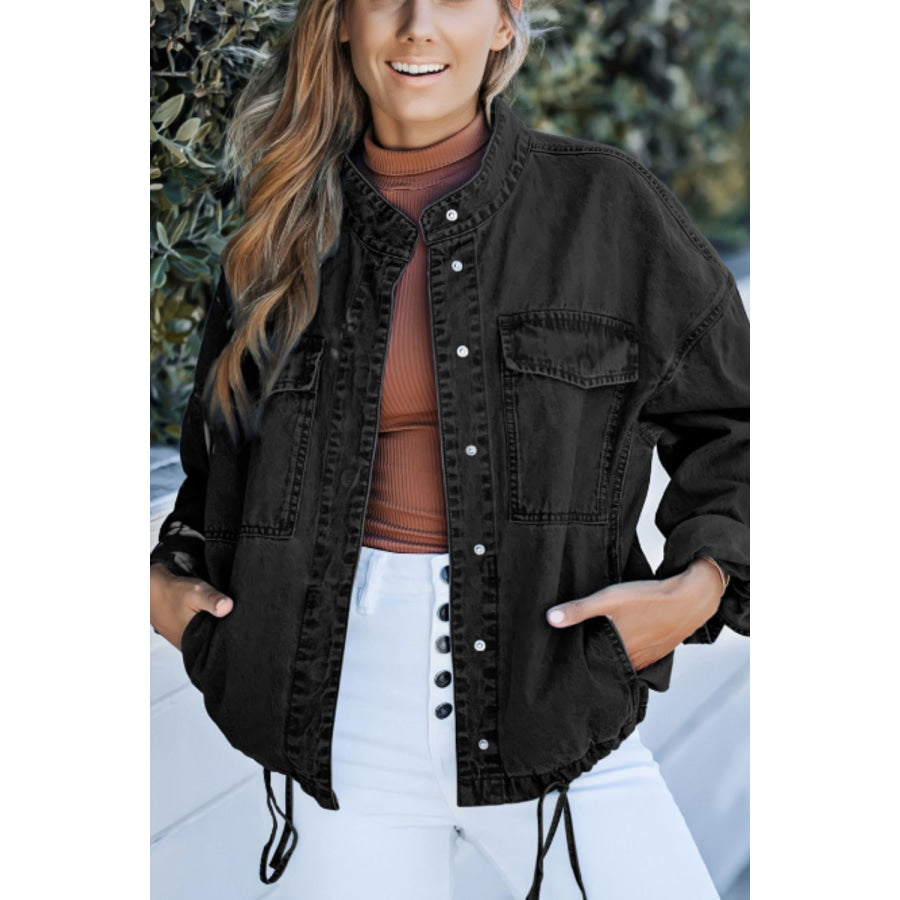 Drawstring Snap Down Denim Jacket with Chest Pockets Apparel and Accessories