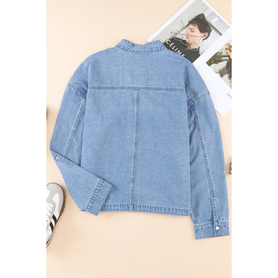 Drawstring Snap Down Denim Jacket with Chest Pockets Apparel and Accessories