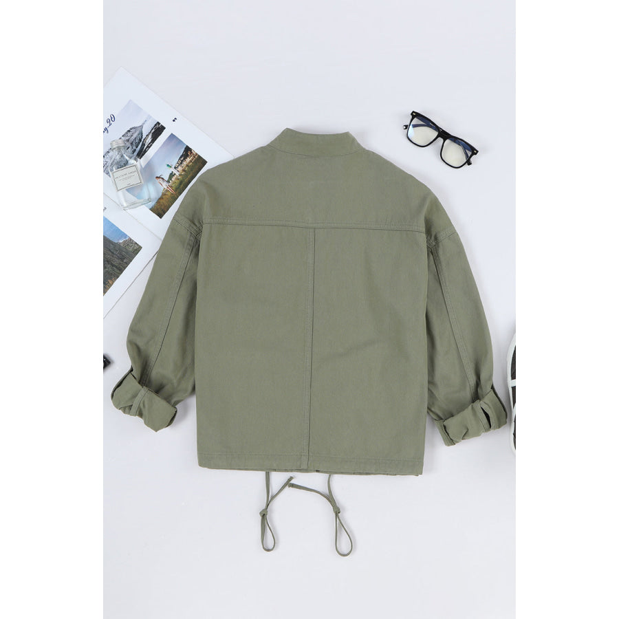 Drawstring Snap Down Dropped Shoulder Denim Jacket Apparel and Accessories