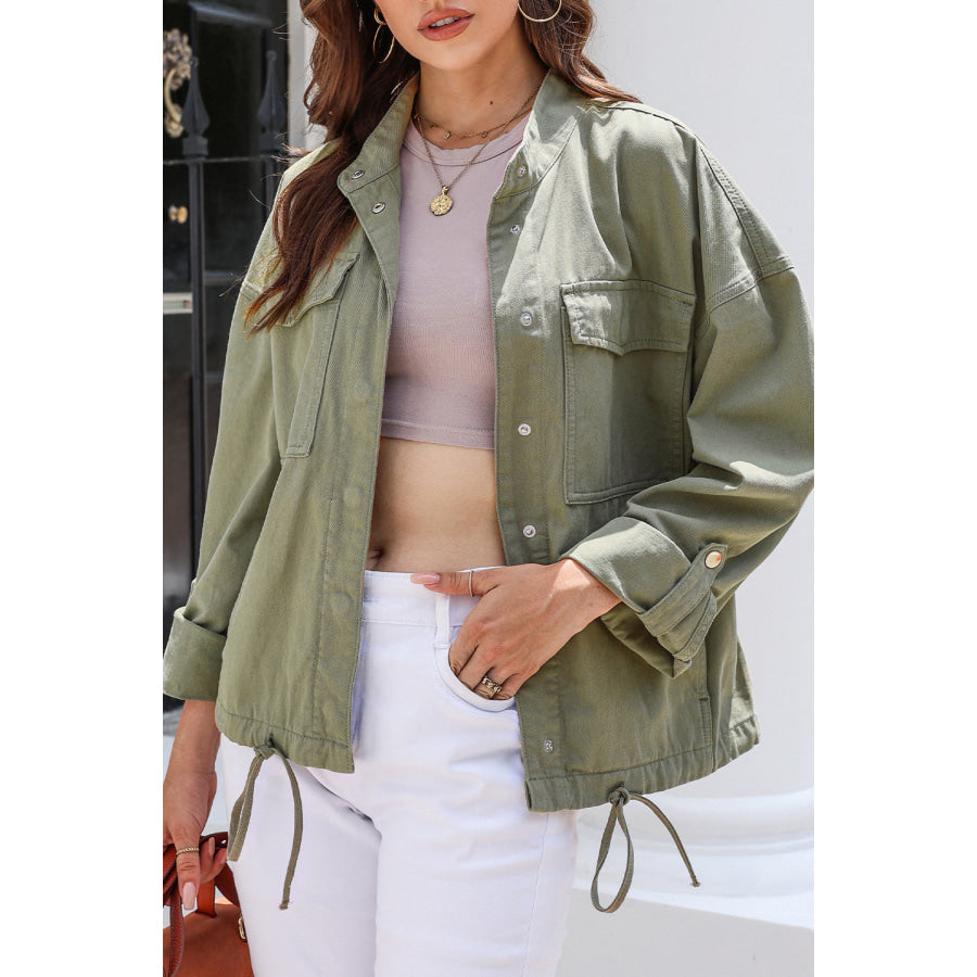 Drawstring Snap Down Dropped Shoulder Denim Jacket Sage / S Apparel and Accessories