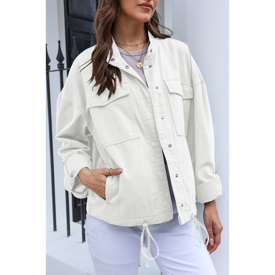 Drawstring Snap Down Dropped Shoulder Denim Jacket White / S Apparel and Accessories