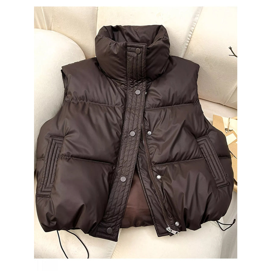 Drawstring Snap Down Puffer Vest Coat Coffee / M Apparel and Accessories