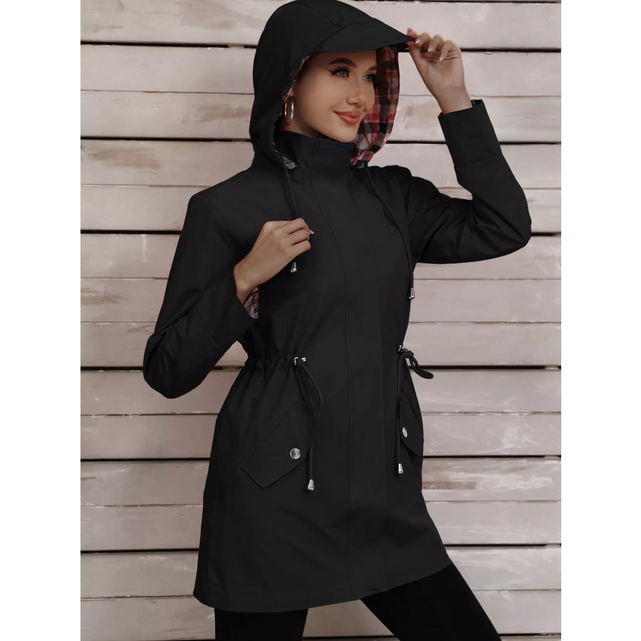 Drawstring Snap-Down Trench Coat Black / S Apparel and Accessories