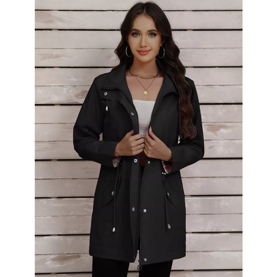Drawstring Snap-Down Trench Coat Black / S Apparel and Accessories