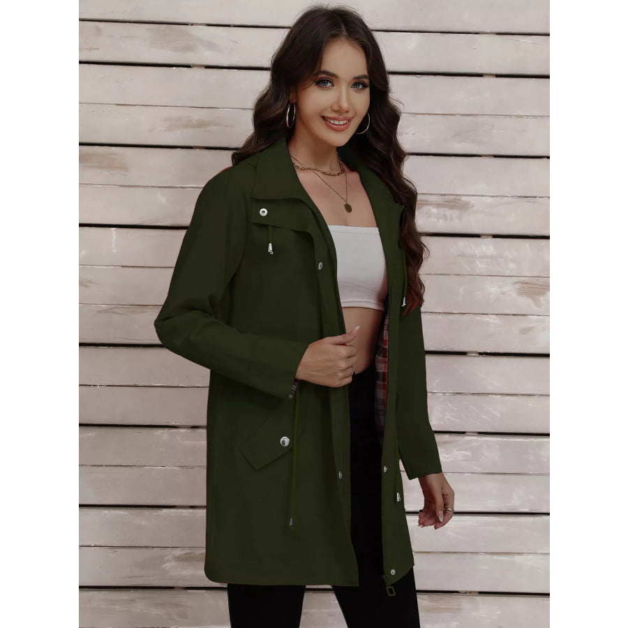 Drawstring Snap-Down Trench Coat Military Green / S Apparel and Accessories