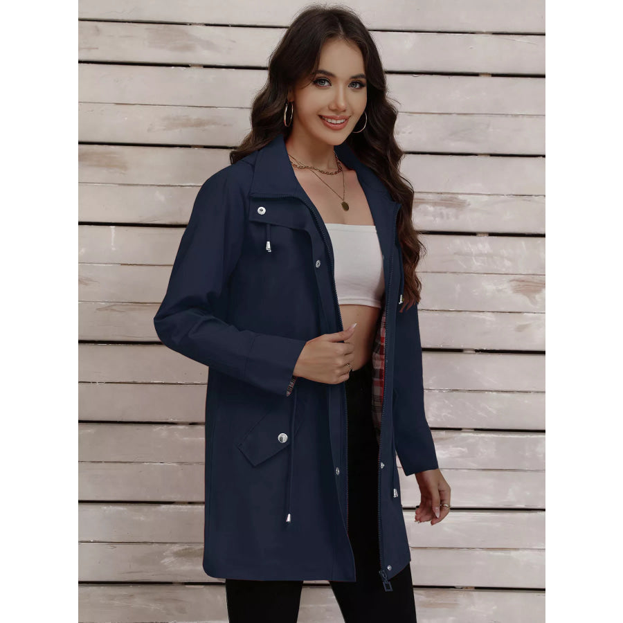 Drawstring Snap-Down Trench Coat Navy Blue / S Apparel and Accessories