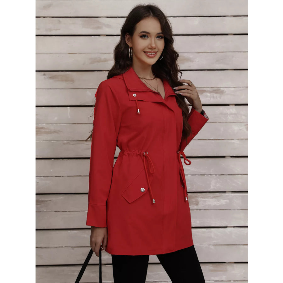 Drawstring Snap-Down Trench Coat Red / S Apparel and Accessories
