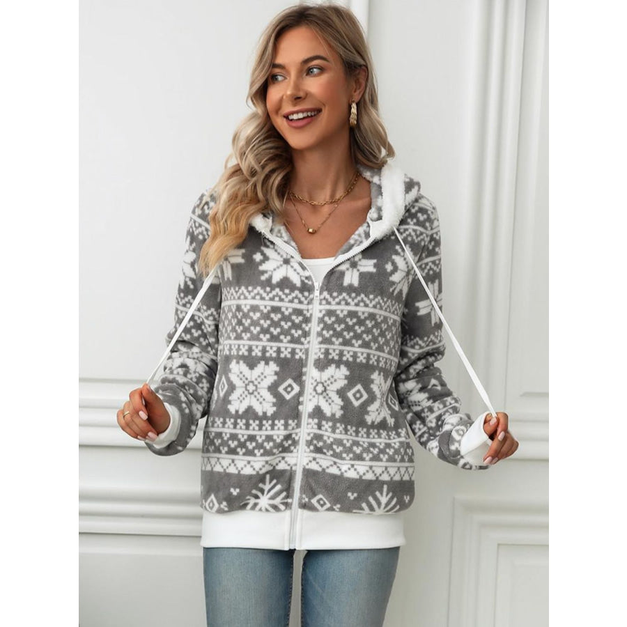 Drawstring Snowflake Zip Up Hooded Outerwear Apparel and Accessories