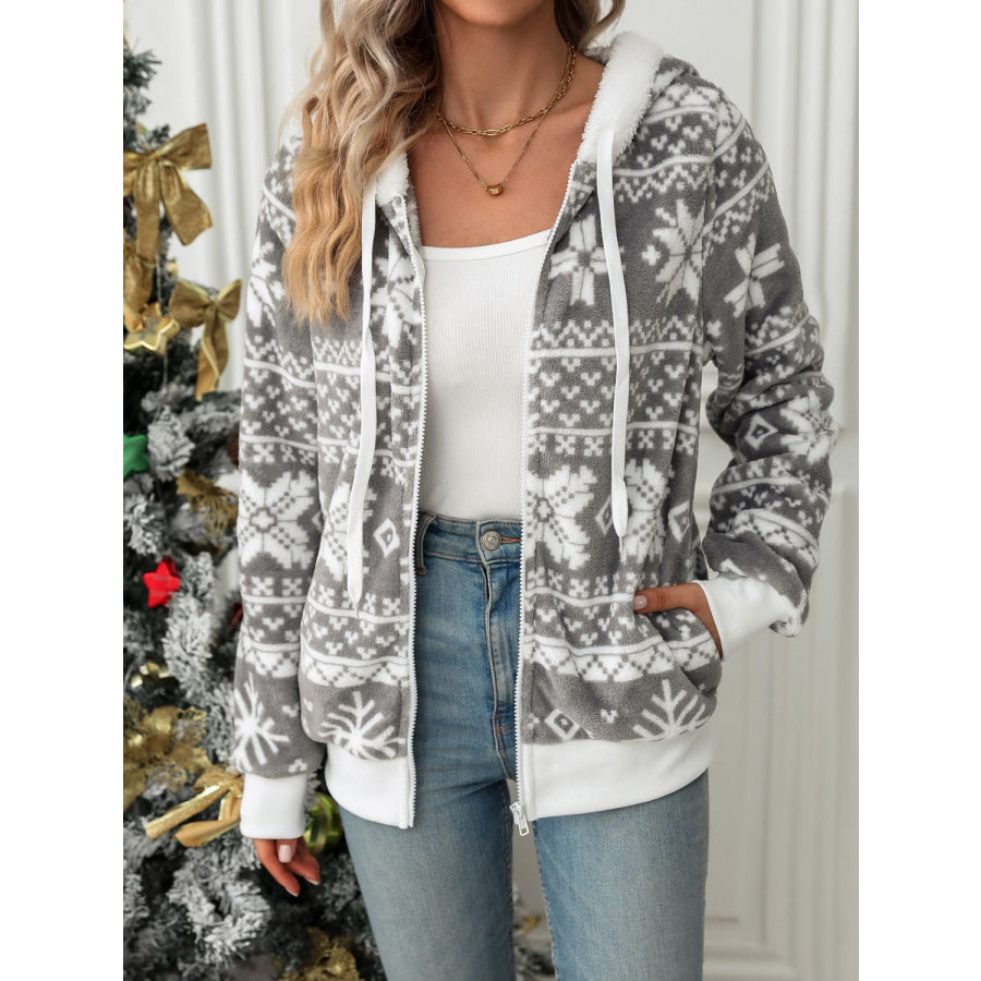 Drawstring Snowflake Zip Up Hooded Outerwear Apparel and Accessories