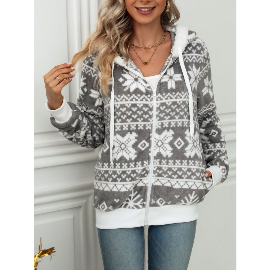 Drawstring Snowflake Zip Up Hooded Outerwear Apparel and Accessories