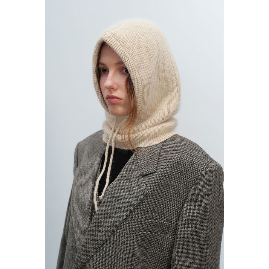 Drawstring Solid Color Thermal Knit Hat Beige / One Size Apparel and Accessories