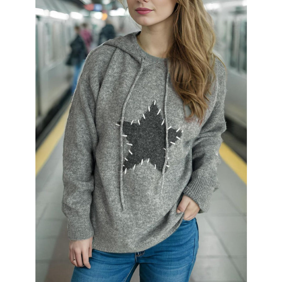 Drawstring Star Long Sleeve Hooded Sweater Apparel and Accessories