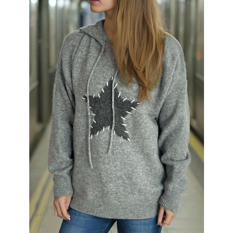 Drawstring Star Long Sleeve Hooded Sweater Apparel and Accessories