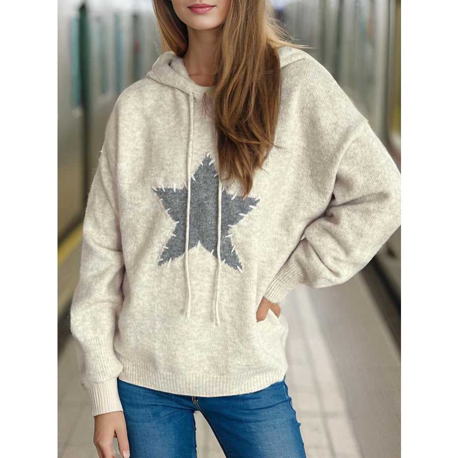 Drawstring Star Long Sleeve Hooded Sweater Beige / One Size Apparel and Accessories