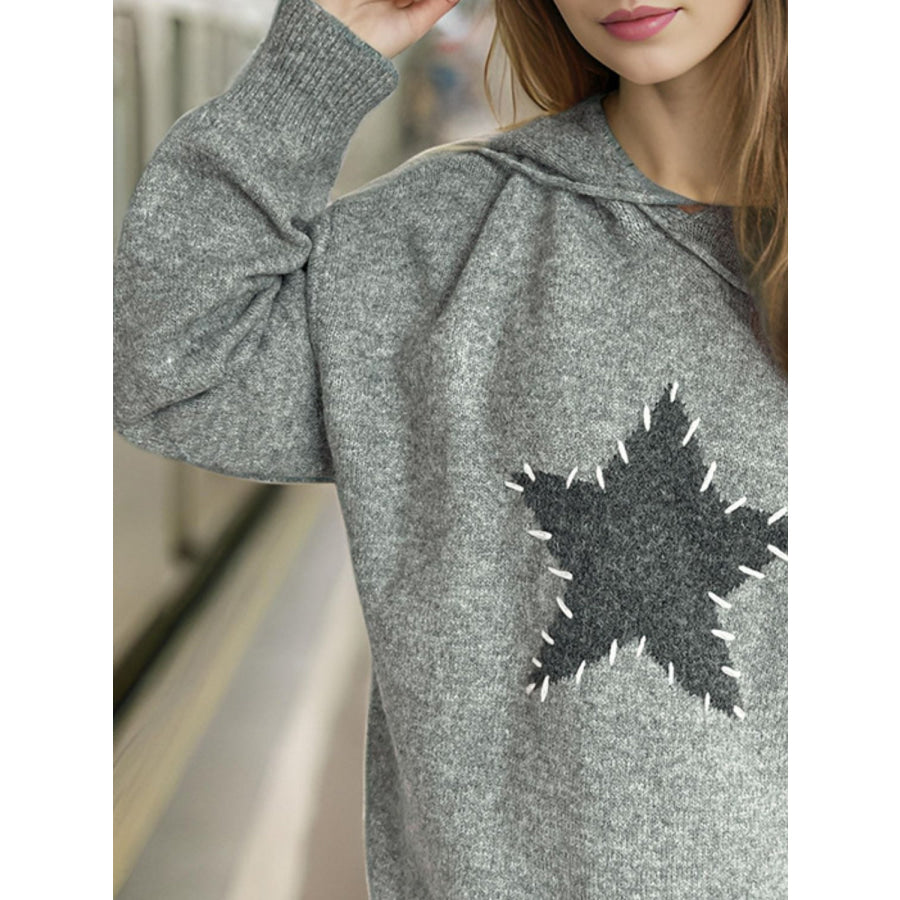 Drawstring Star Long Sleeve Hooded Sweater Gray / One Size Apparel and Accessories