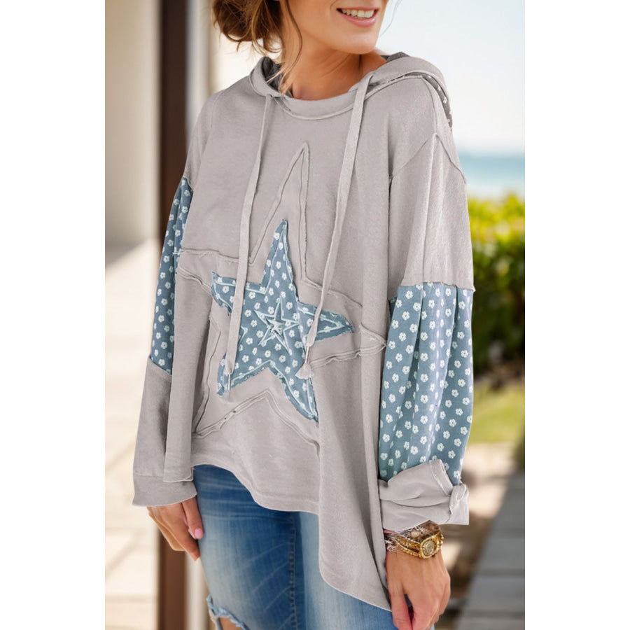 Drawstring Star Long Sleeve Hoodie Gray / S Apparel and Accessories