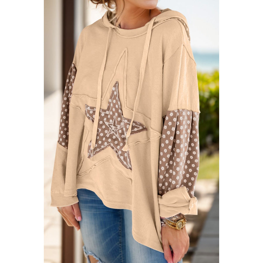 Drawstring Star Long Sleeve Hoodie Tan / M Apparel and Accessories