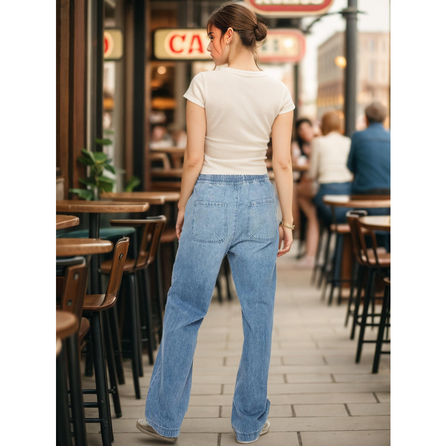 Drawstring Straight Jeans with Pockets Apparel and Accessories