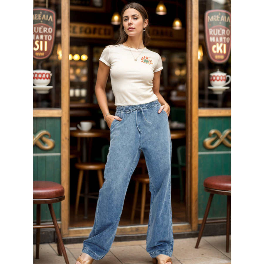 Drawstring Straight Jeans with Pockets Apparel and Accessories