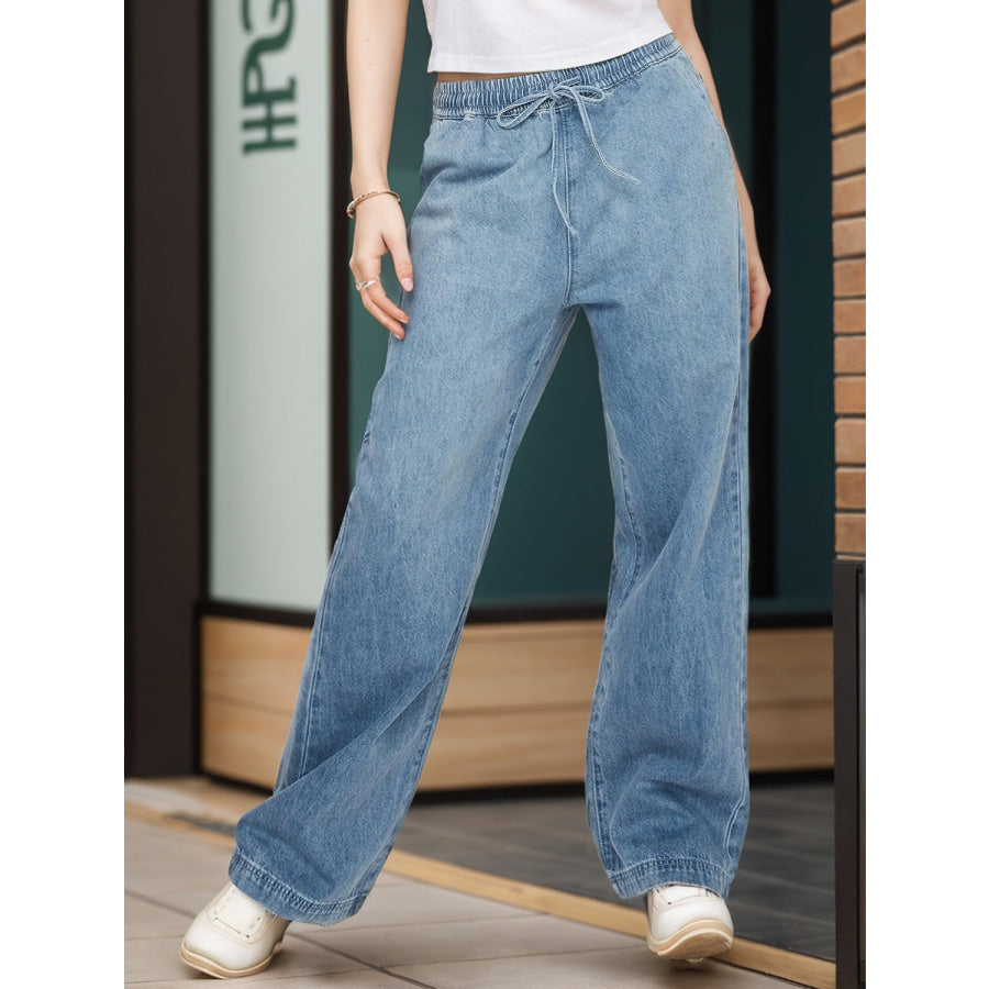 Drawstring Straight Jeans with Pockets Light / S Apparel and Accessories